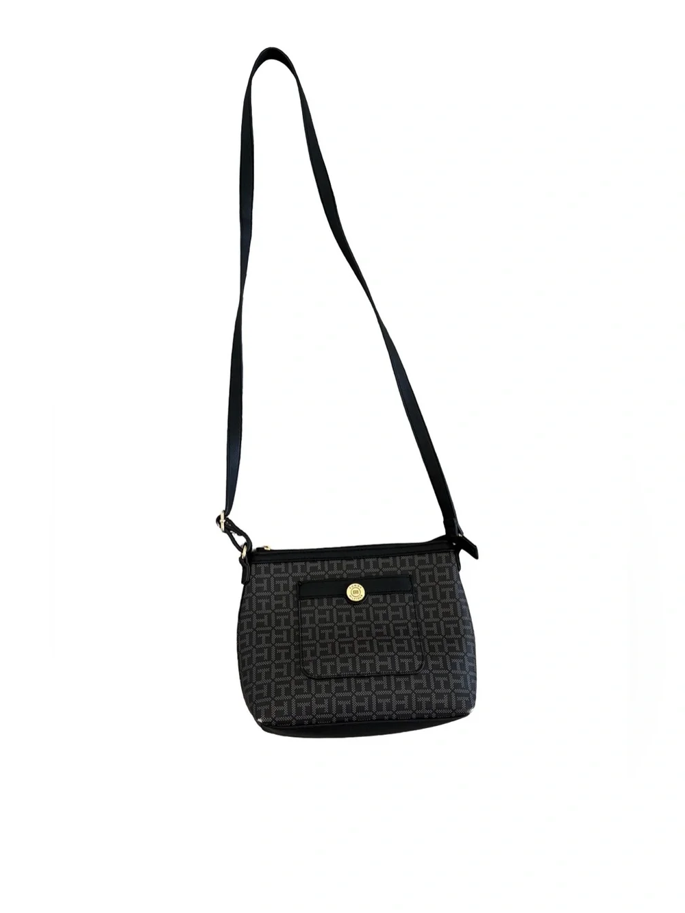 Tommy Hilfiger Branded Black Monogram Crossbody Bag with Gold Hardware